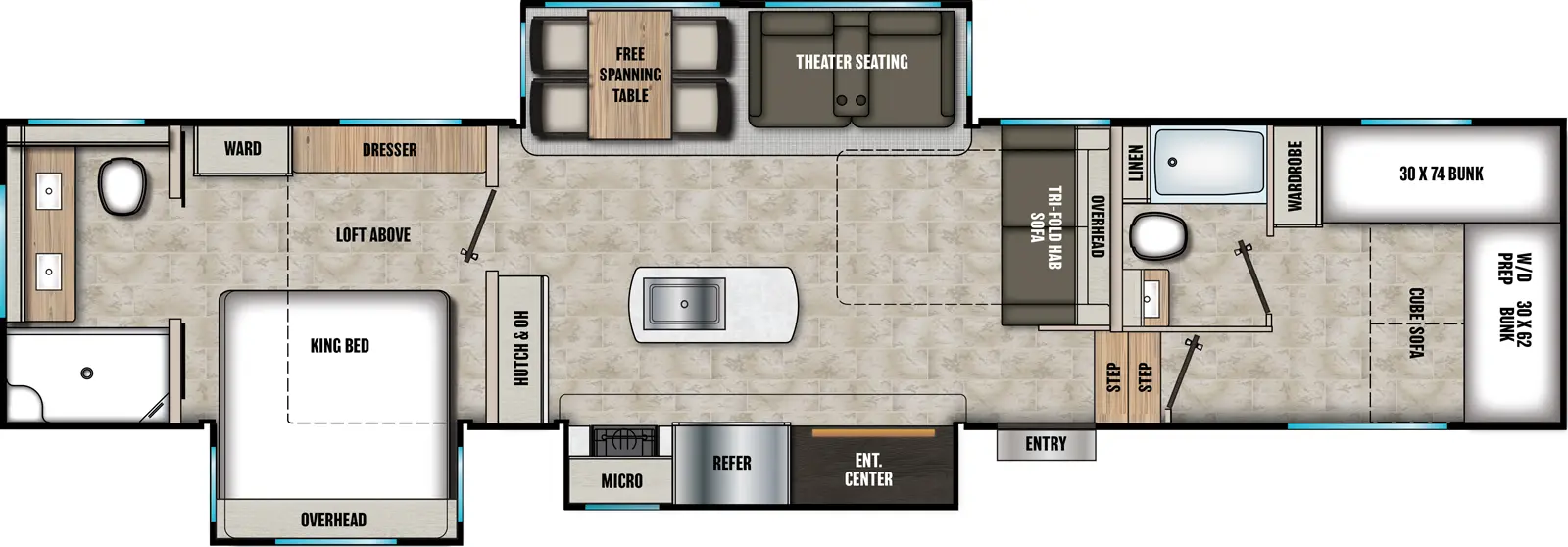 The Chaparral 375BAF floorplan has one entry and three slide outs. Exterior features include: fiberglass exterior and 24' awning. Interiors features include: bunk beds, loft, kitchen island, free-standing dinette option, rear bathroom and two full bathrooms.